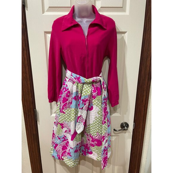 Vintage Komars Fuchsia Collared Dress With Floral Patchwork Skirt & Belt - Picture 7 of 8